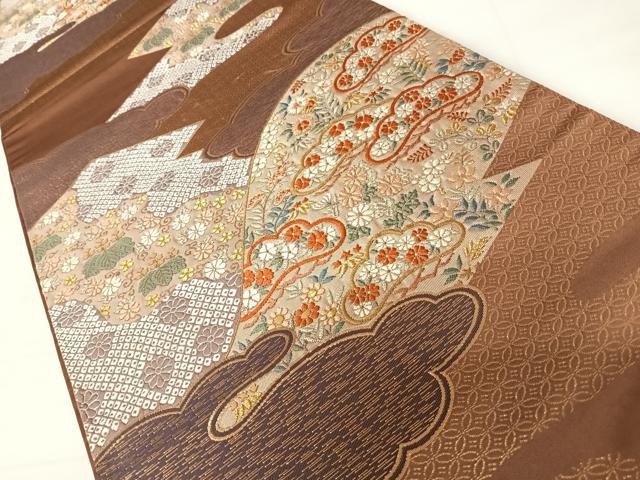 平和屋着物◎六通柄袋帯 唐織 雲取り花文 金糸 正絹 逸品 AABC4602yx