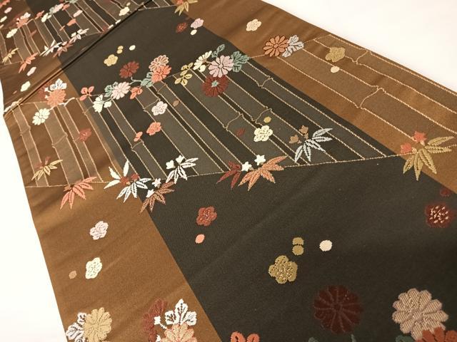 平和屋着物◎六通柄袋帯 唐織 笹竹文 金糸 正絹 逸品 AABC4615yx