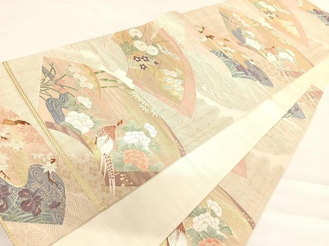 平和屋着物◎六通柄袋帯 唐織 地紙花鳥文 雉 金糸 正絹 逸品 AABC4637yx