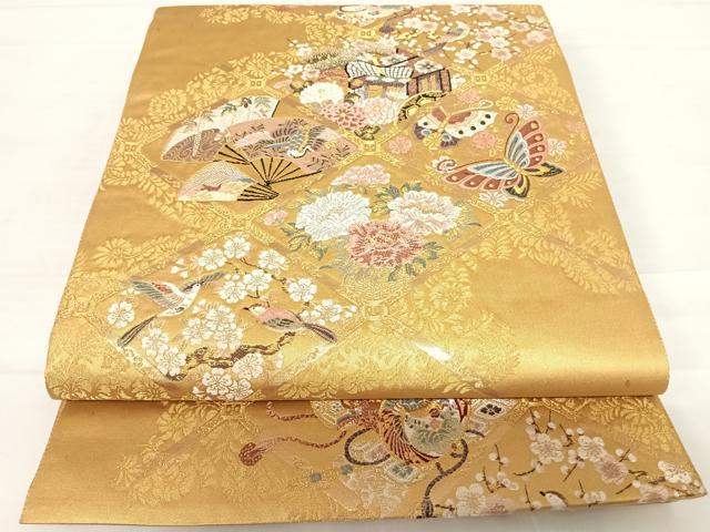 平和屋着物◎六通柄袋帯 唐織 舞蝶花鳥文 金糸 鈴乃屋扱い 正絹 逸品 AABC4658yx