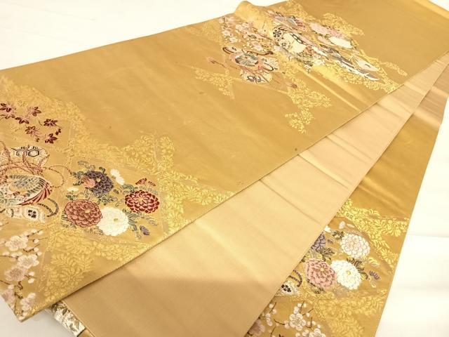 平和屋着物◎六通柄袋帯 唐織 舞蝶花鳥文 金糸 鈴乃屋扱い 正絹 逸品 AABC4658yx