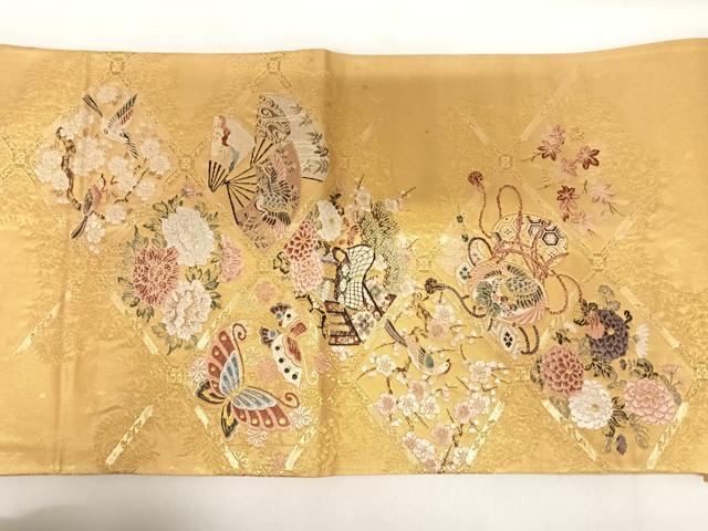 平和屋着物◎六通柄袋帯 唐織 舞蝶花鳥文 金糸 鈴乃屋扱い 正絹 逸品 AABC4658yx