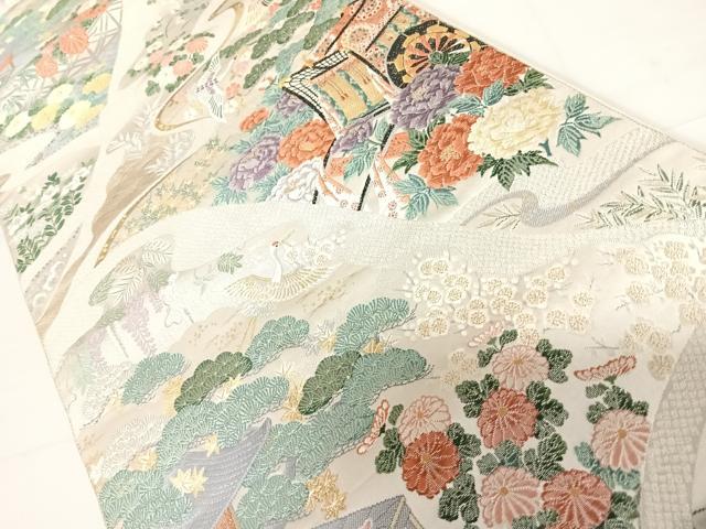 平和屋着物◎六通柄袋帯 唐織 飛鶴風景花文 金糸 正絹 逸品 AABC4662yx