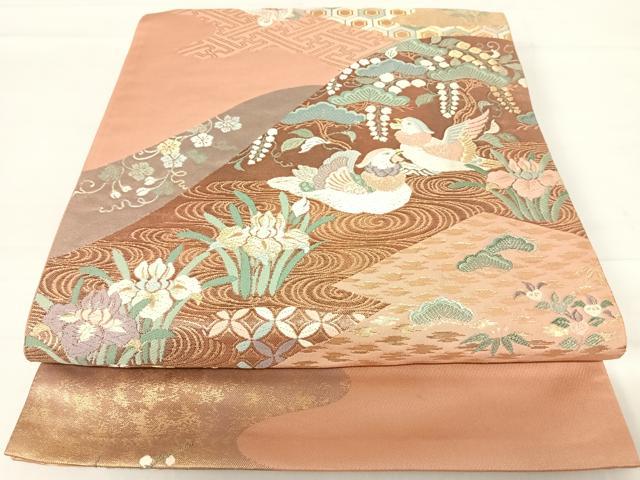 平和屋着物◎六通柄袋帯 鴛鴦吉祥花文 金糸 正絹 逸品 AABC4668yx