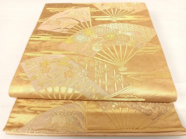 平和屋着物◎六通柄袋帯 扇面花文 金糸 正絹 逸品 AABC4669yx