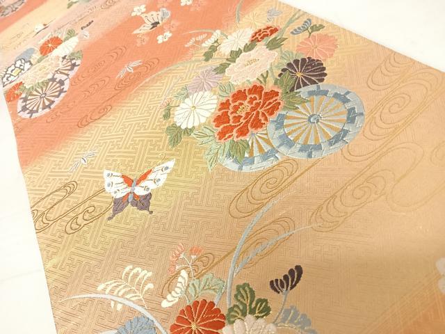 平和屋着物◎佐賀錦 六通柄袋帯 唐織 舞蝶花車文 金糸 正絹 逸品 AABC4682yx