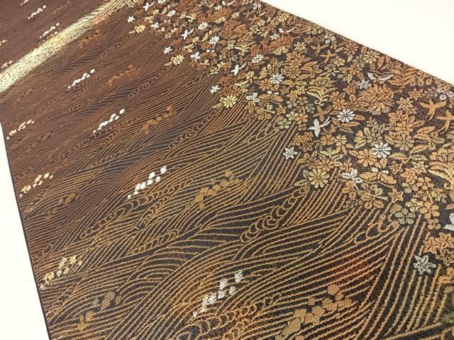 平和屋着物◎六通柄袋帯 立波花鳥文 金銀糸 正絹 逸品 AABC4686yx
