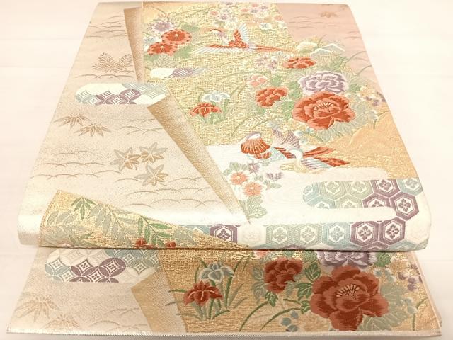 平和屋着物◎六通柄袋帯 唐織 色紙花鳥文 金銀糸 正絹 逸品 AABC4701yx