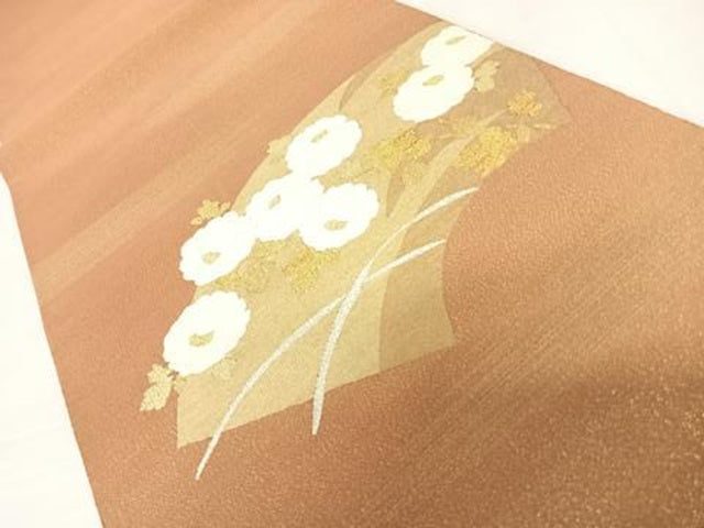 平和屋着物◎太鼓柄袋帯 すくい織 地紙枝花文 金銀糸 正絹 逸品 AABC4705yx