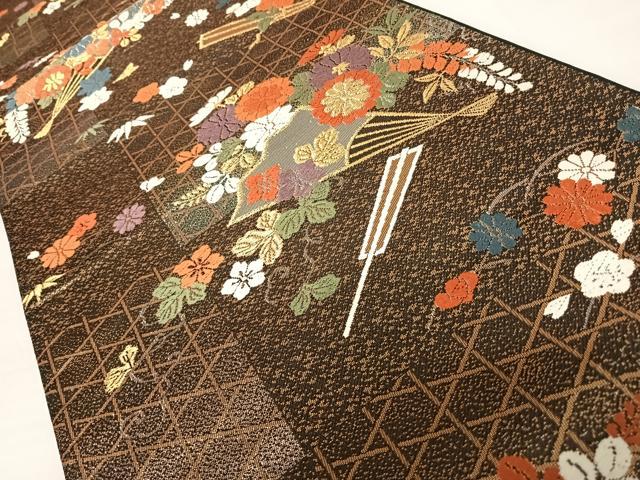 平和屋着物◎六通柄袋帯 扇面草花文 黒地 金銀糸 正絹 逸品 AABC4708yx
