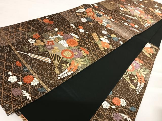 平和屋着物◎六通柄袋帯 扇面草花文 黒地 金銀糸 正絹 逸品 AABC4708yx