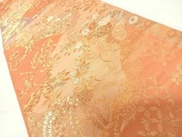 平和屋着物◎六通柄袋帯 草花文 藤花房 金糸 正絹 逸品 AABC4723yx