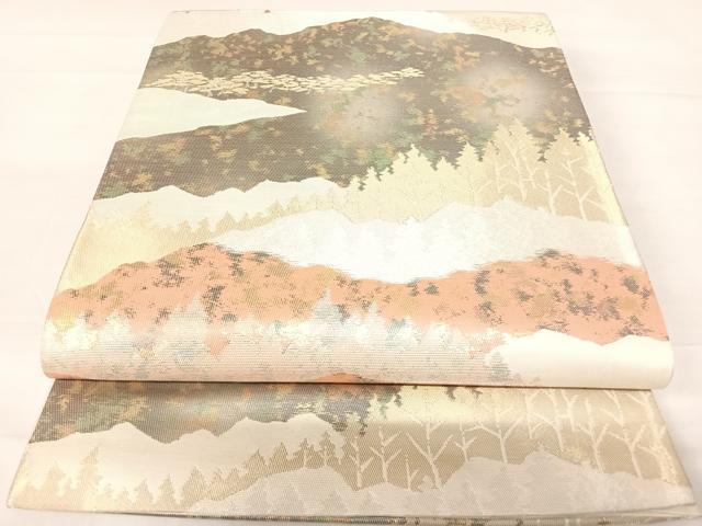 平和屋着物◎六通柄袋帯 遠山風景シルエット 金銀糸 引箔 正絹 逸品 AABC4772yx