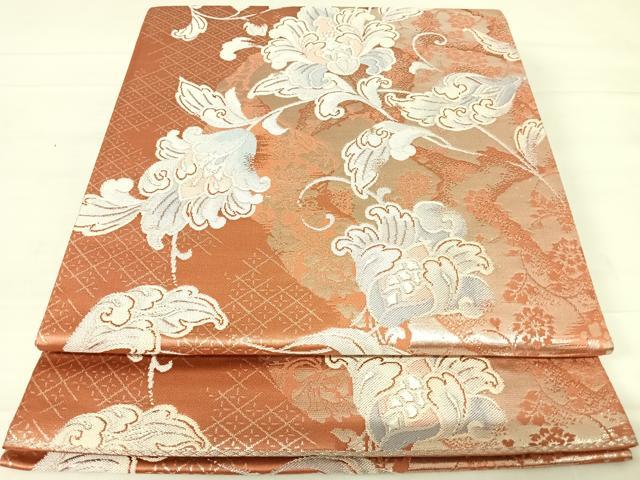 平和屋着物◎六通柄袋帯 更紗花文 銀糸 正絹 逸品 AABC4787yx