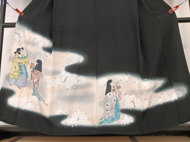 平和屋着物●豪華黒留袖 手描き 人物文 舞桜 暈し染め 正絹 逸品 AABC4821zg