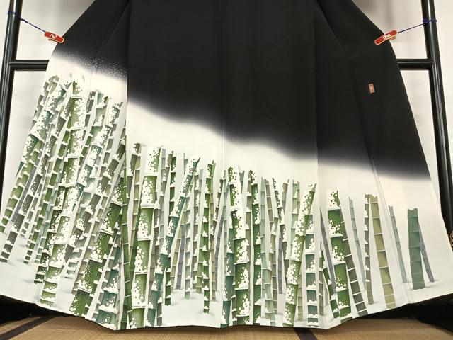 平和屋着物●豪華黒留袖 友禅作家物 雪持ち竹林文 正絹 逸品 AABC5103zg