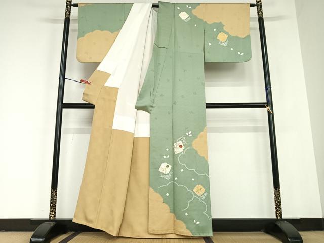 平和屋着物●訪問着 絞り 刺繍 破れ色紙花文 光琳菊 金彩 正絹 逸品 AABC5157zg