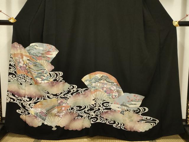 平和屋着物■豪華黒留袖 駒刺繍 流水扇面風景文 金銀彩 正絹 逸品 AABC5291sx
