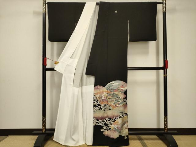 平和屋着物■豪華黒留袖 駒刺繍 流水扇面風景文 金銀彩 正絹 逸品 AABC5291sx