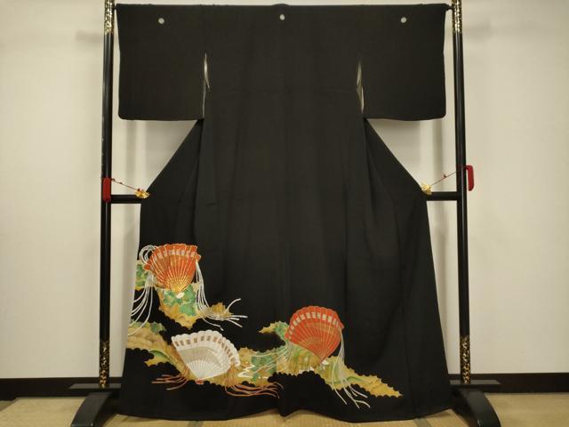 平和屋着物■豪華黒留袖 駒刺繍 扇面風景文 金彩 正絹 逸品 AABC5549sx