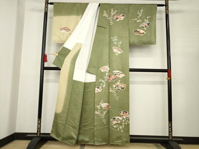 平和屋着物●訪問着 駒刺繍 地紙花文 暈し染め 金彩 正絹 逸品 未使用 AABC5626ck