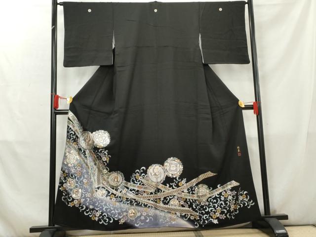 平和屋着物●伝統工芸士 村井紀夫 豪華黒留袖 正倉院花鳥文 暈し染め 金銀彩 正絹 逸品 AABC5692cs