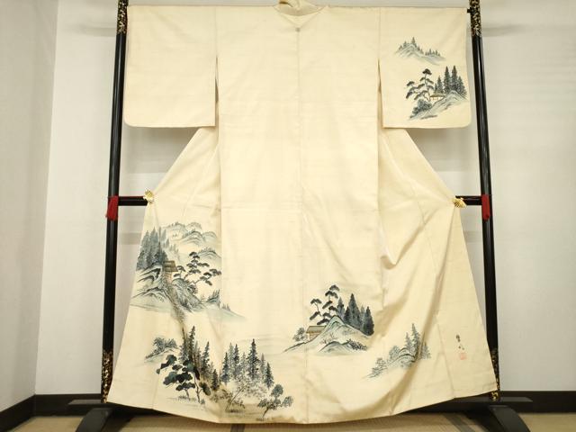 平和屋着物●訪問着 紬地 作家物 遠山風景樹林文 正絹 逸品 AABC6108ck