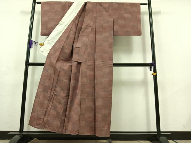 平和屋着物▽上質な紬 単衣 市松文様 三越扱い 正絹 逸品 AABC6191jh