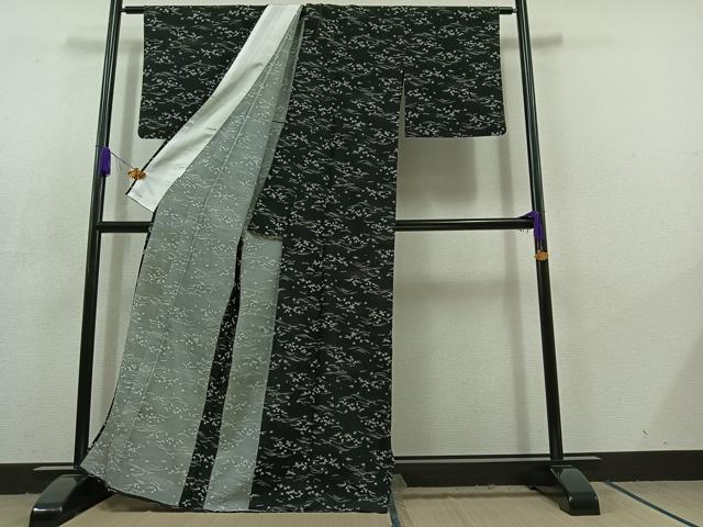 平和屋着物▽小紋 単衣 吹き寄せ流水文 黒地 洗える着物 AABC6199jh
