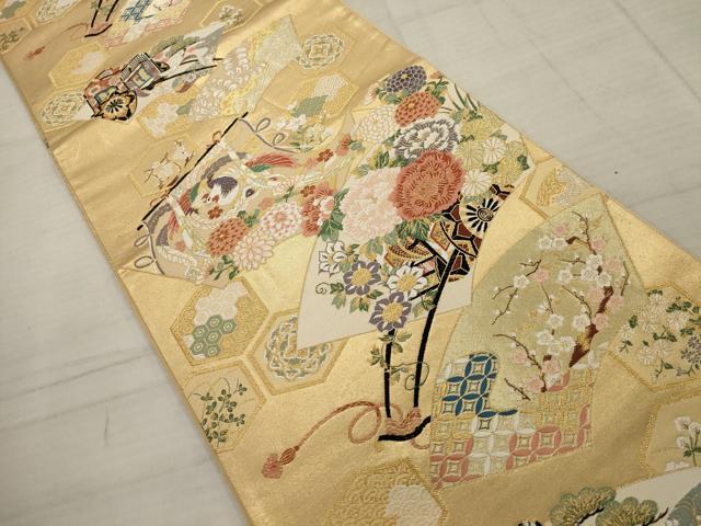 平和屋着物▼六通柄袋帯 唐織 百花扇面散らし 金銀糸 正絹 逸品 AABC6392wj