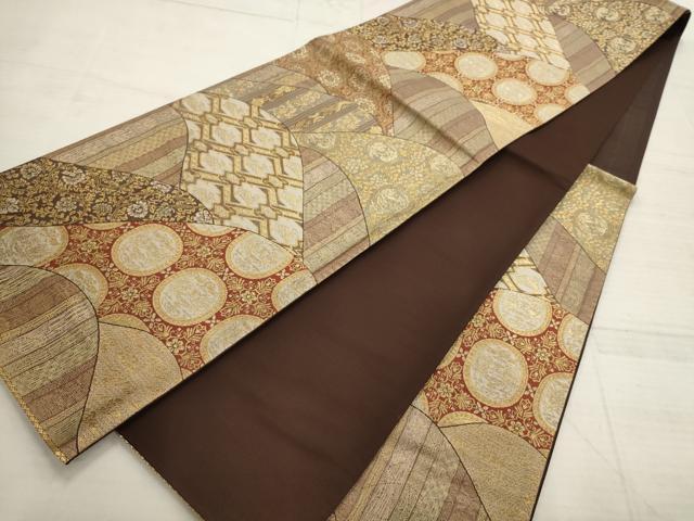 平和屋着物▼六通柄袋帯 遠山花鳥有栖川 金糸 正絹 逸品 AABC6493wj