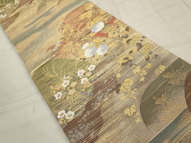 平和屋着物▼六通柄袋帯 遠山菊の調 金糸 正絹 逸品 AABC6549wj