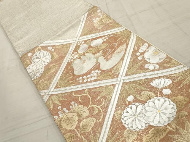 平和屋着物▼六通柄袋帯 刺繍 花鳥菱文 金銀糸 正絹 逸品 AABC6589wj