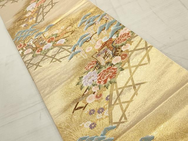 平和屋着物▼六通柄袋帯 唐織 御所車花文 金糸 正絹 逸品 AABC6648wj