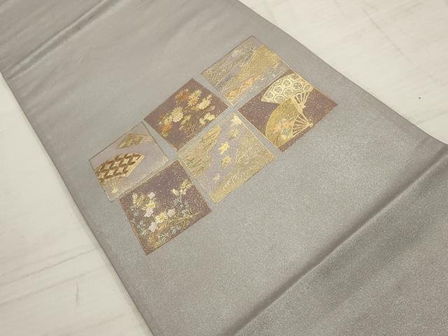 平和屋着物▼太鼓柄袋帯 螺鈿 色紙扇面花文 金彩 正絹 逸品 AABC6682wj