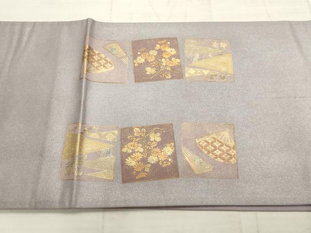 平和屋着物▼太鼓柄袋帯 螺鈿 色紙扇面花文 金彩 正絹 逸品 AABC6682wj