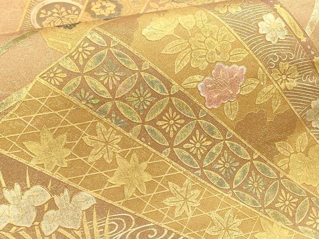 平和屋着物▼太鼓柄袋帯 扇面花文 金彩 正絹 逸品 AABC6690wj