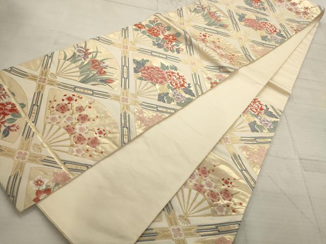 平和屋着物▼六通柄袋帯 唐織 扇面花菱文 金糸 正絹 逸品 AABC6702wj