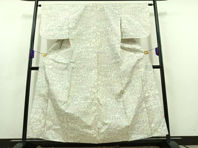 平和屋着物▽上質な紬 単衣 草花文 正絹 逸品 AABC6776jh