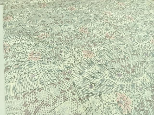 平和屋着物▽上質な紬 単衣 草花文 正絹 逸品 AABC6776jh