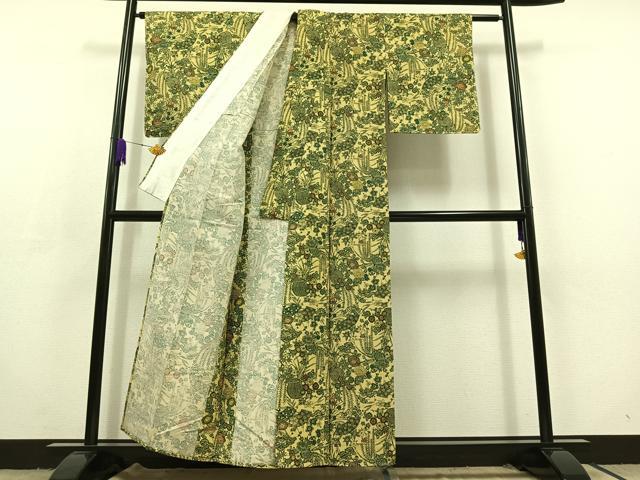 平和屋着物▽上質な紬 単衣 型染め 飾花文 正絹 逸品 未使用 AABC6794jh