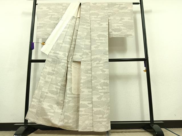 平和屋着物▽結城紬 単衣 100亀甲 雲取り文 正絹 逸品 AABC6795jh