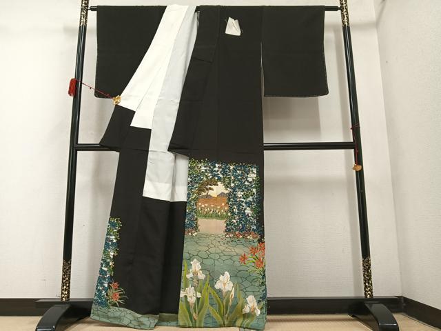 平和屋着物●野口真造 大彦二代目 江戸染繍友禅 黒留袖 刺繍 草花文 金銀糸 正絹 逸品 未使用 AABC6816ph