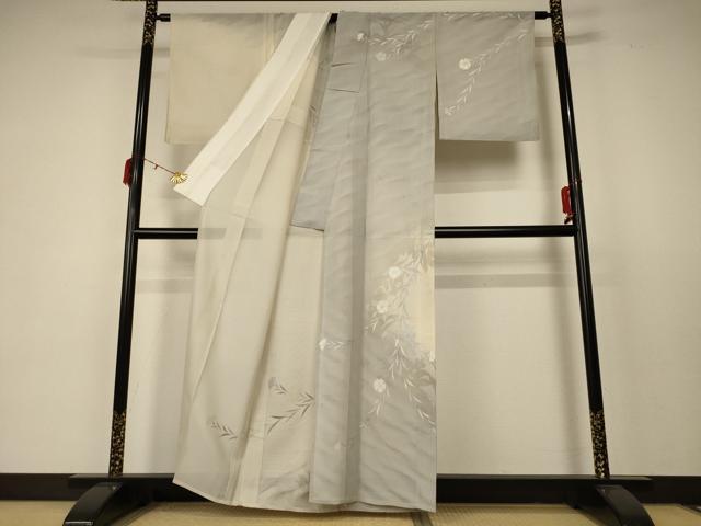 平和屋着物*夏物 訪問着 絽 草花文 暈し染め 銀彩 正絹 逸品 AABC6935jd