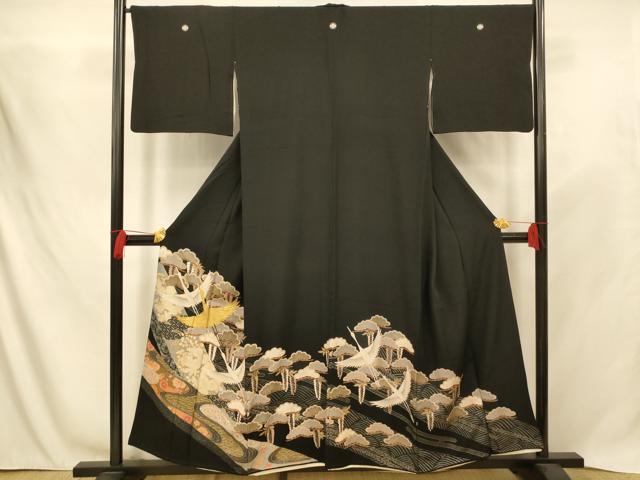 平和屋着物■豪華黒留袖 駒刺繍 飛鶴吉祥花文 金銀彩 正絹 逸品 AABC7086fw