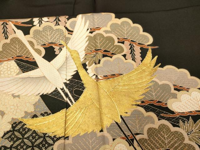 平和屋着物■豪華黒留袖 駒刺繍 飛鶴吉祥花文 金銀彩 正絹 逸品 AABC7086fw