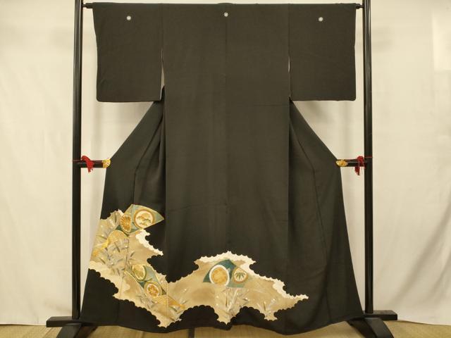 平和屋着物■豪華黒留袖 駒刺繍 花丸扇子文 暈し染め 金彩 正絹 逸品 AABC7240fw