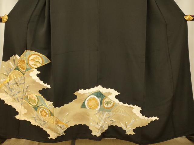 平和屋着物■豪華黒留袖 駒刺繍 花丸扇子文 暈し染め 金彩 正絹 逸品 AABC7240fw