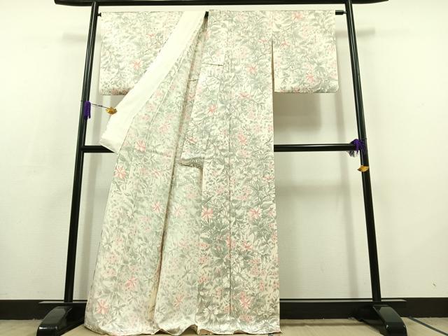 平和屋着物▽上質な小紋 単衣 手描き 草花文 ロング丈 正絹 逸品 AABC7482jh