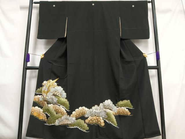 平和屋着物■豪華黒留袖 刺繍 鳳凰松文 金銀糸 金銀彩 正絹 逸品 AABC7586oa